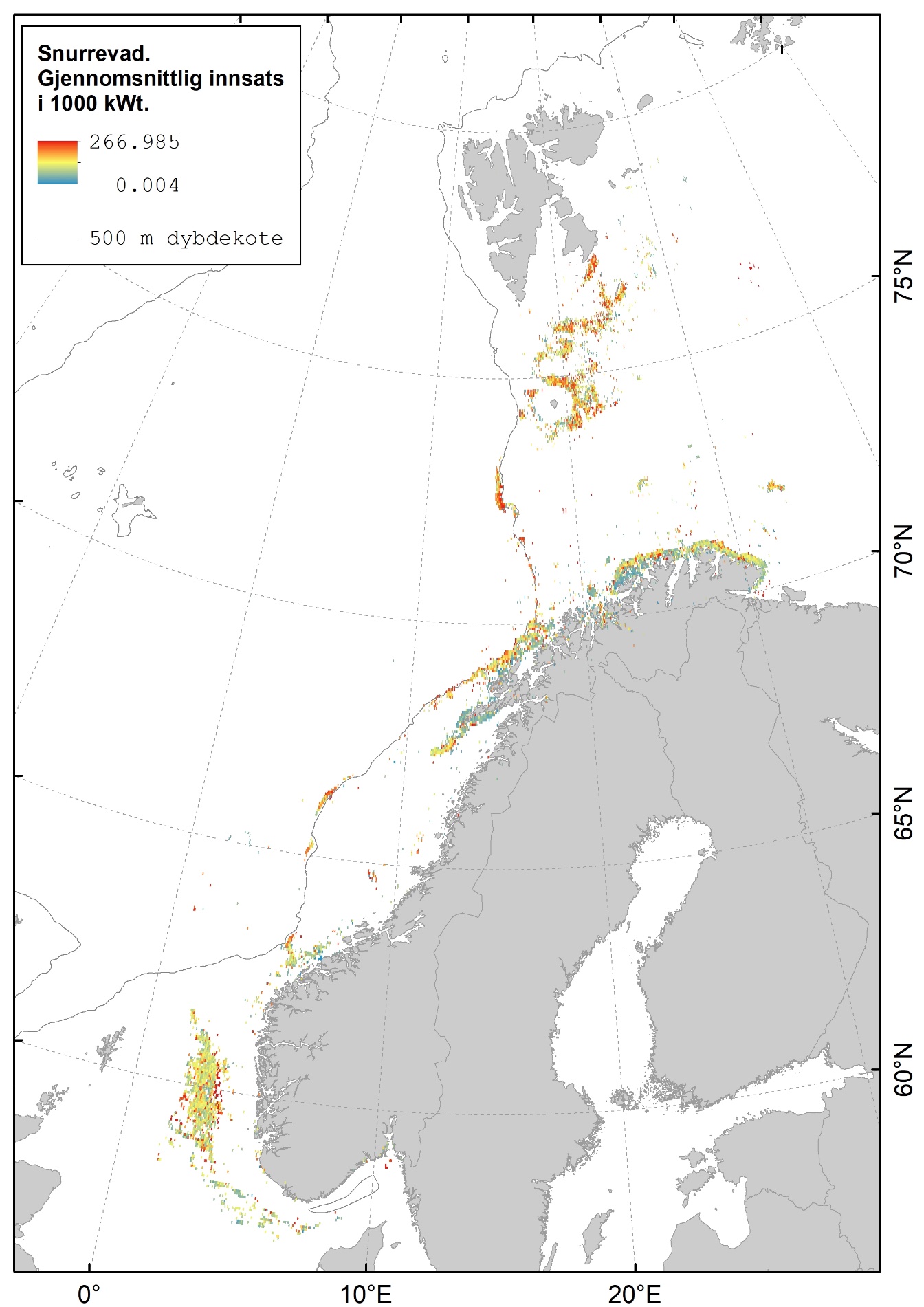 Kart som viser at fiske med snurrevad i hovedsak foregår mellom Bjørnøya og Edgeøya, på Tromsøflaket, langs Finnmarkskysten og eggakanten, på Mørebankene og i midtre/nordlige Nordsjøen.