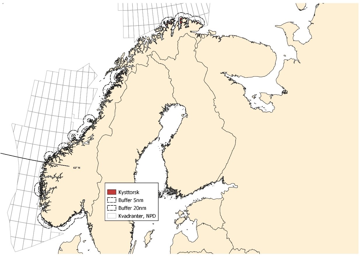 . Gytekartet til kysttorsk er endret basert på nye data. Områder som er definert som regionalt eller nasjonalt viktige, og samtidig ligger uskjermet langs kysten er tatt med. Det er ulik rådgivningsperiode nord øg sør for 62 grader (markert med linje). 