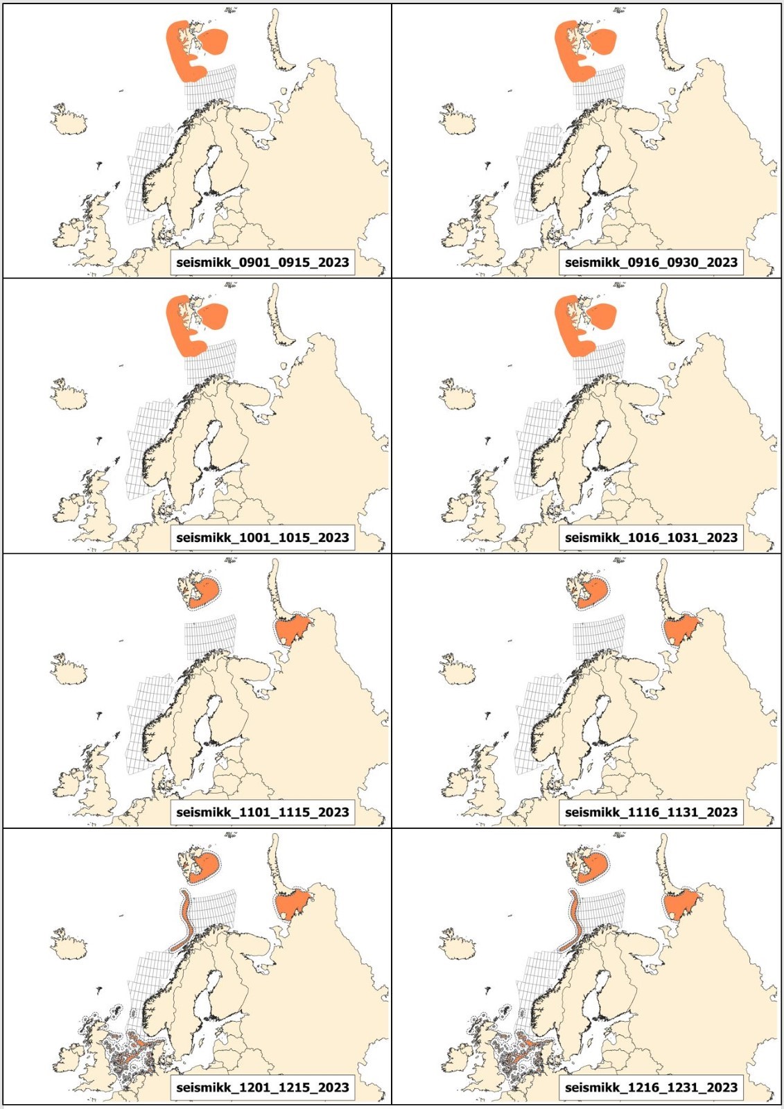 Rådgivningskart for seismikk fra 1. september til 31. januar 2023 