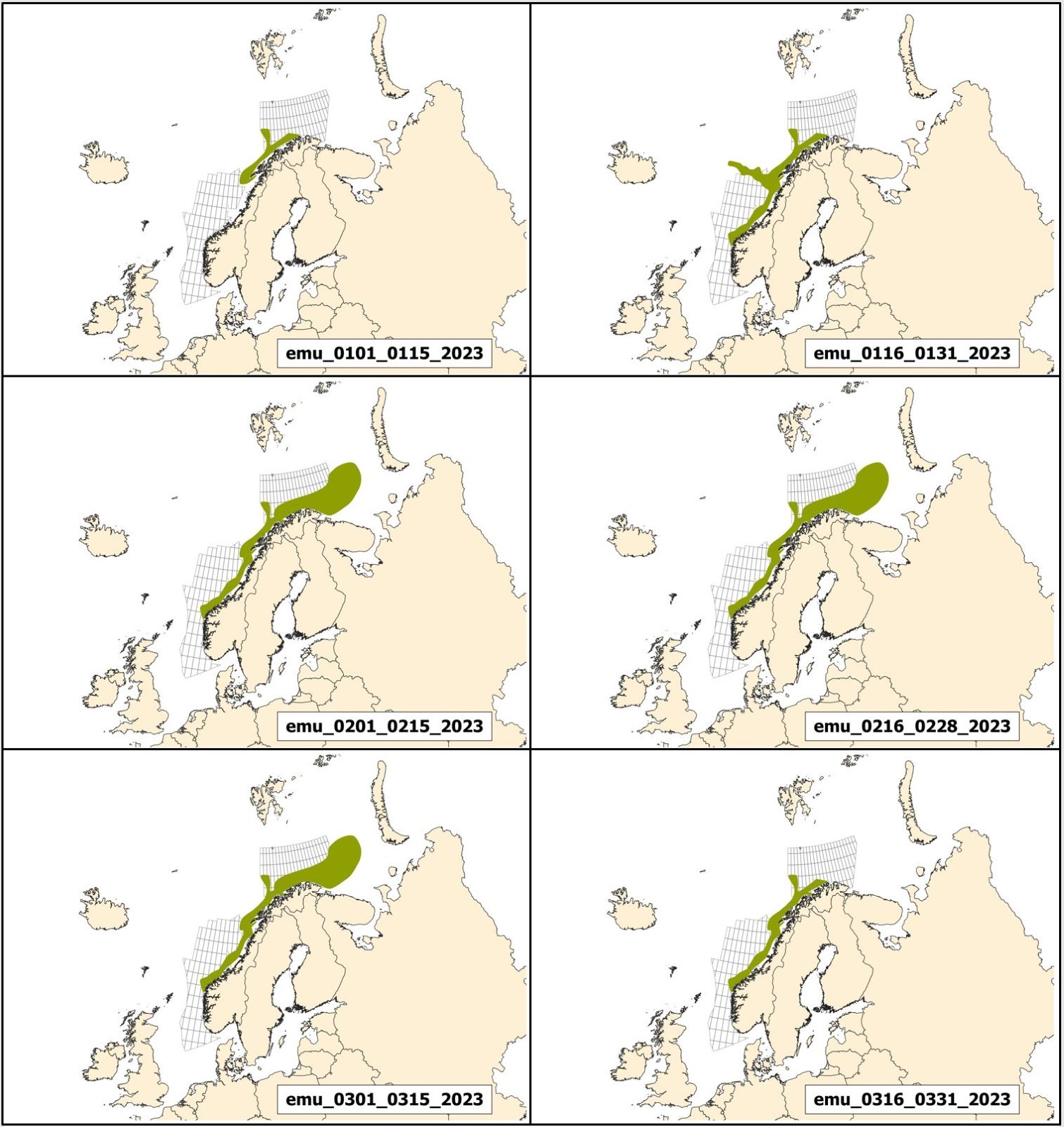  Rådgivningskart for elektromagnetiske undersøkelser (EMU). Disse har bare gytevandringer og ingen buffersone. 