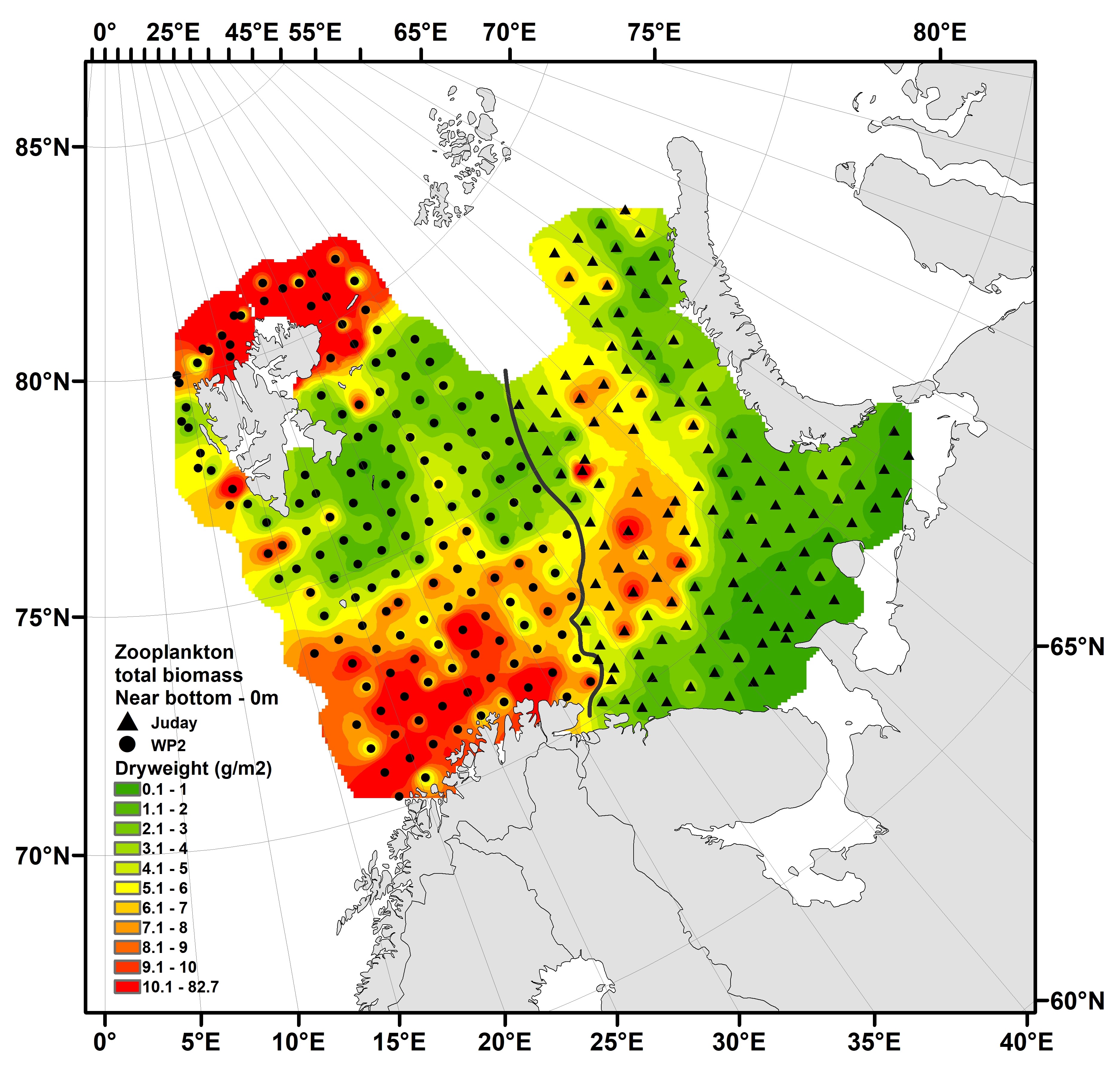 Distribution of total zooplankton biomass from near-bottom 2022