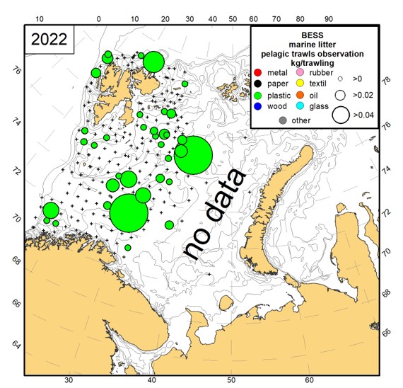 Figure 4.2.1.3 Type of anthropogenic litter collected in the pelagic trawls (kg) in the BESS 2022 (crosses – pelagic trawl stations).