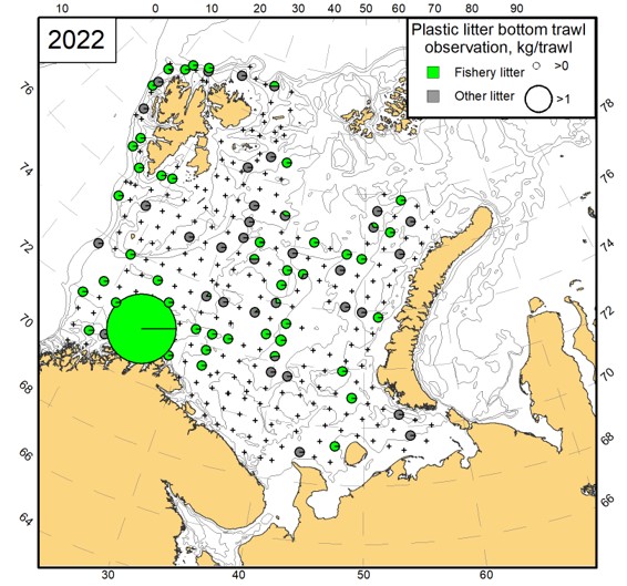 Figure 4.2.1.5 Fishery plastic proportion among the plastic litter collected in the pelagic (the upper figure) and bottom trawls (the lower figure) in the BESS 2022 (crosses – trawl stations).