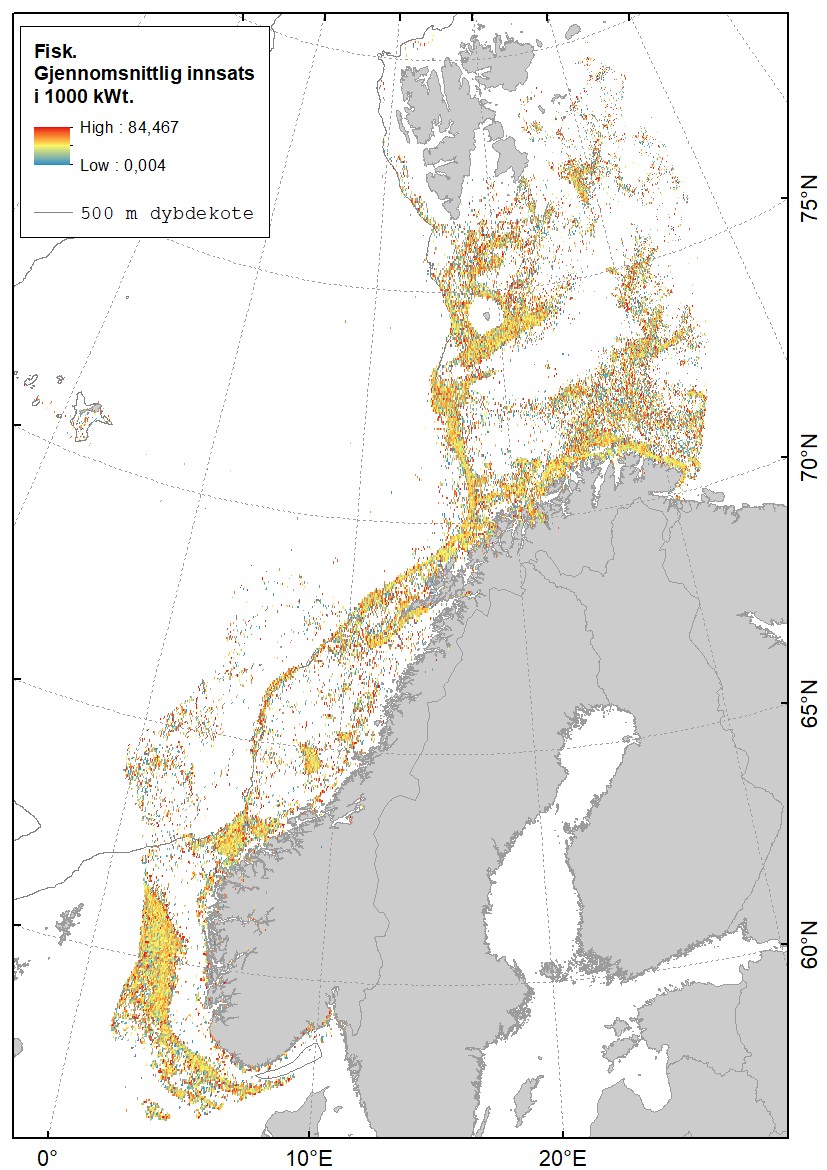 Figur 2.1.2.2 Gjennomsnittlig innsats (intensitet) i det norske fiskeriet med bunntrål (gitt som 1000 kW x antall timer) for perioden 2015–2021 for fartøy >15 m. Den grå linjen viser 500-meters dybdekote. Kilde: (Løkkeborg m.fl., 2023).