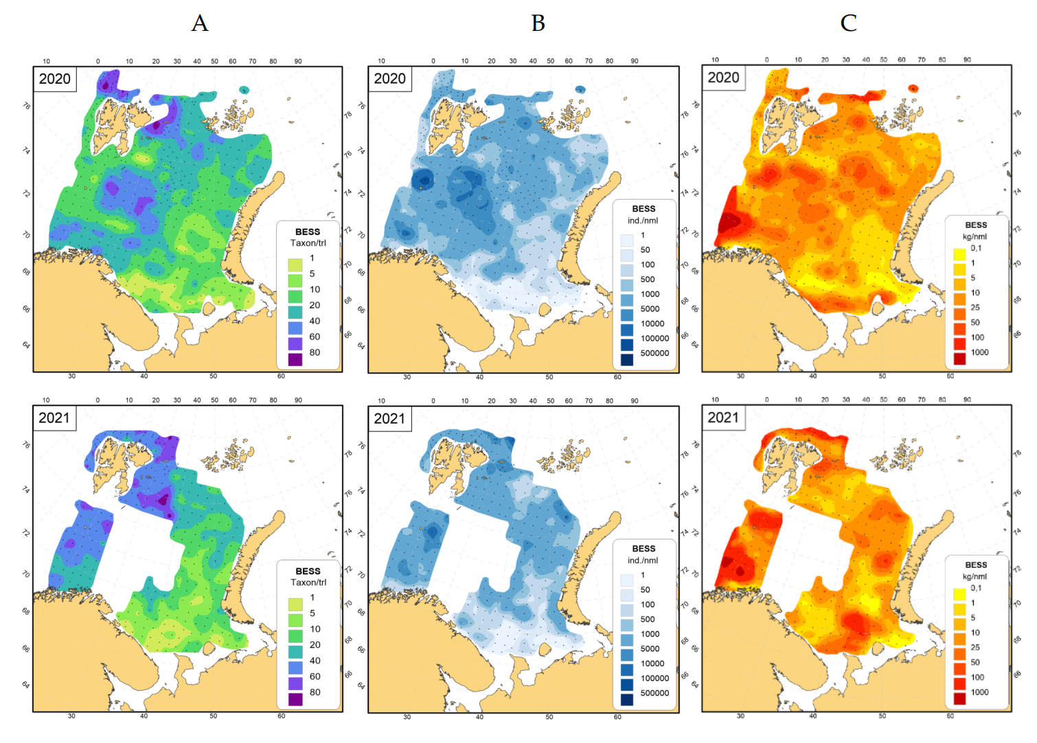 Figur 4.1.4.1 A) Antall taksonomiske grupper per stasjon, B) antall individer og, C) biomasse per nautisk mil på henholdsvis Økosystemtokt 2020 (øvre rad) og 2021 (nedre rad). Dypvannsreken Pandalus borealis (en semi-pelagisk art) er ekskludert. Kilde: ICES (2022d)