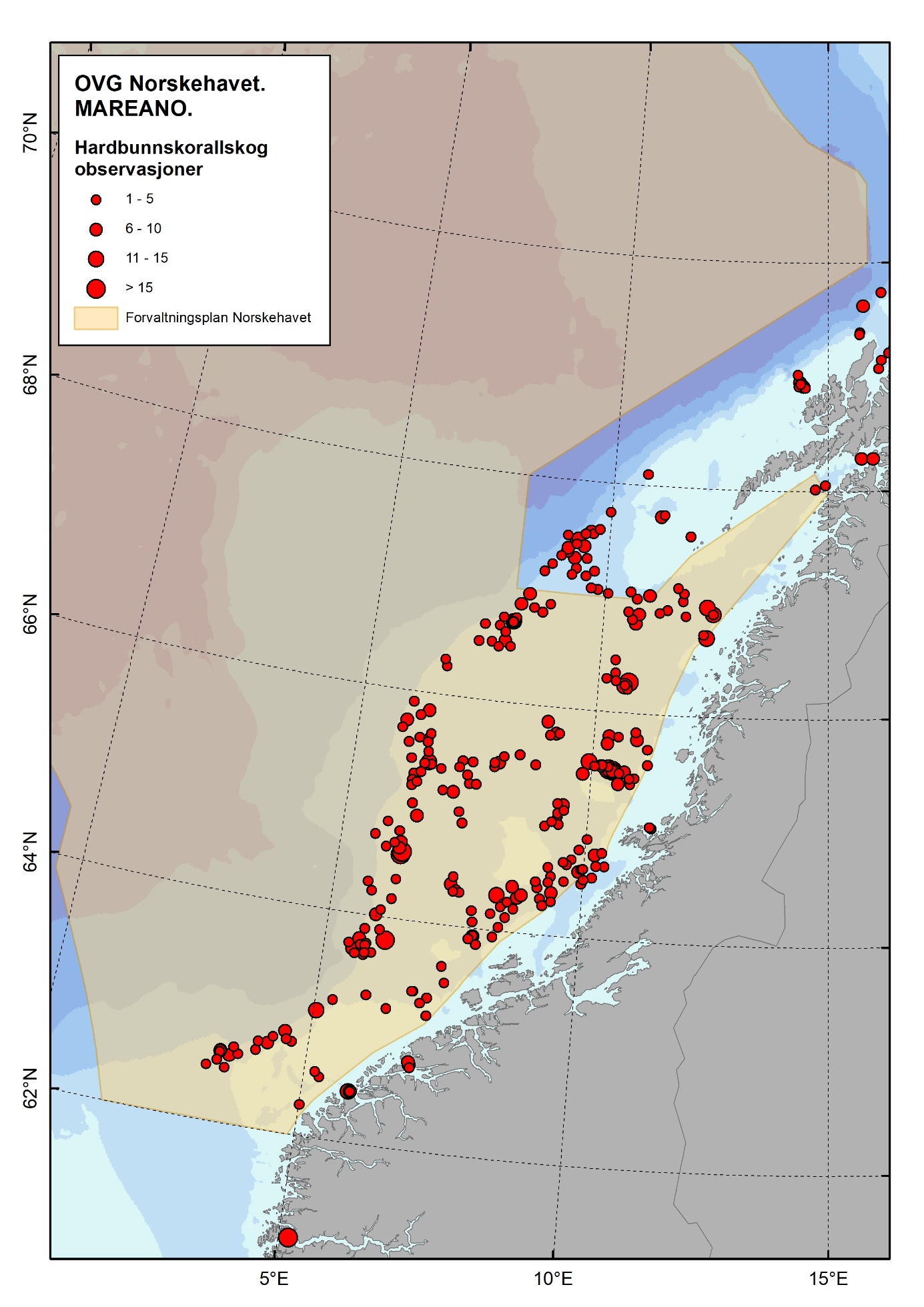 Figur 4.2.7.5 Oversikt over foredling av koraller som kan danne korallskog på hardbunn (hovedsakelig Paragorgia arborea, Primnoa resedaeformis , og Paramuricea placomus ) i Norskehavet basert på observasjoner i felt. Størrelse på symbolene indikerer antall observasjoner per videolinje. Kilde: Mareano.