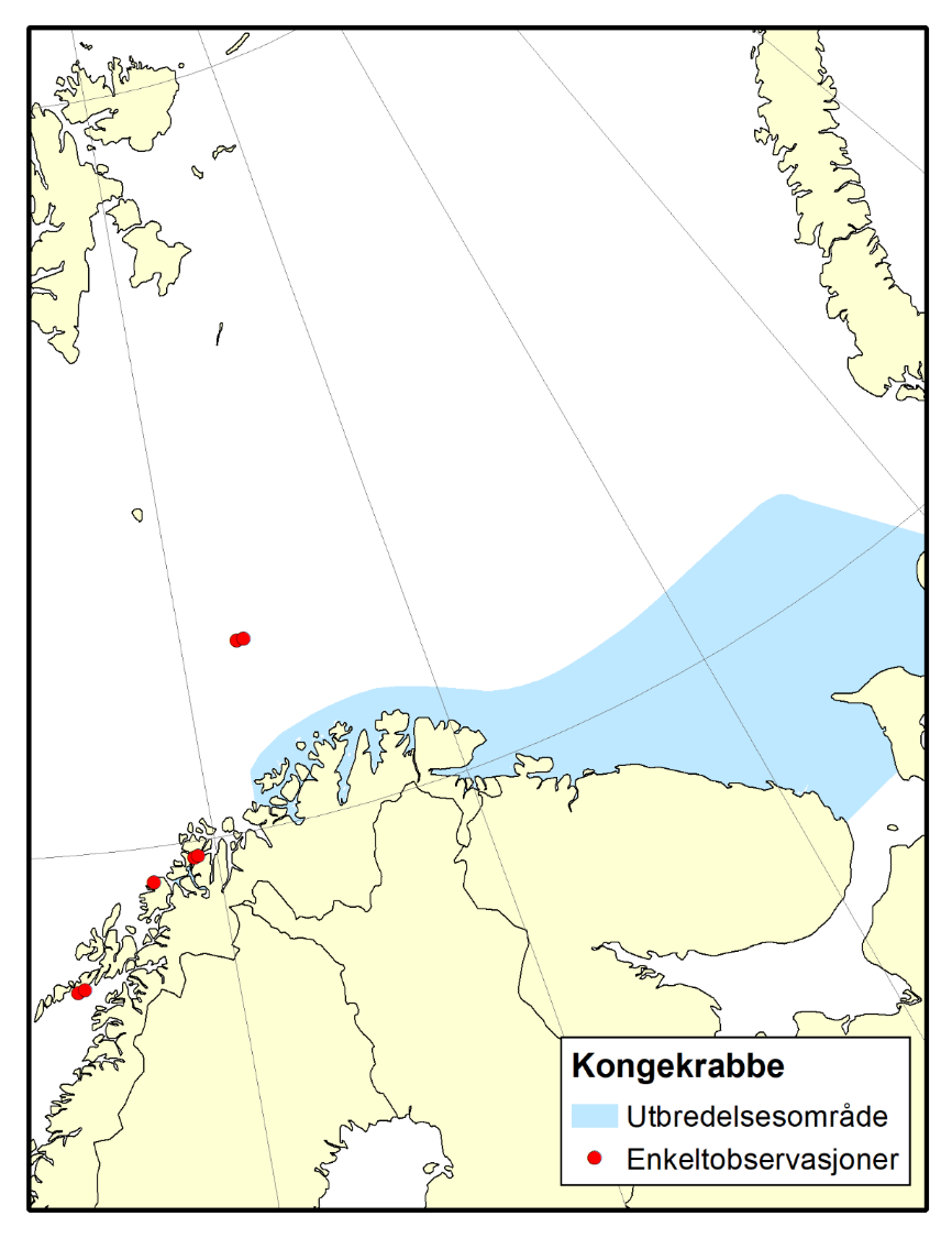 Figur 4.1.4.8 Status for utbredelse av kongekrabbe i Barentshavet, både på norsk og russisk sokkel og innrapporterte enkeltobservasjoner. Kilde: Havforskningsinstituttet.