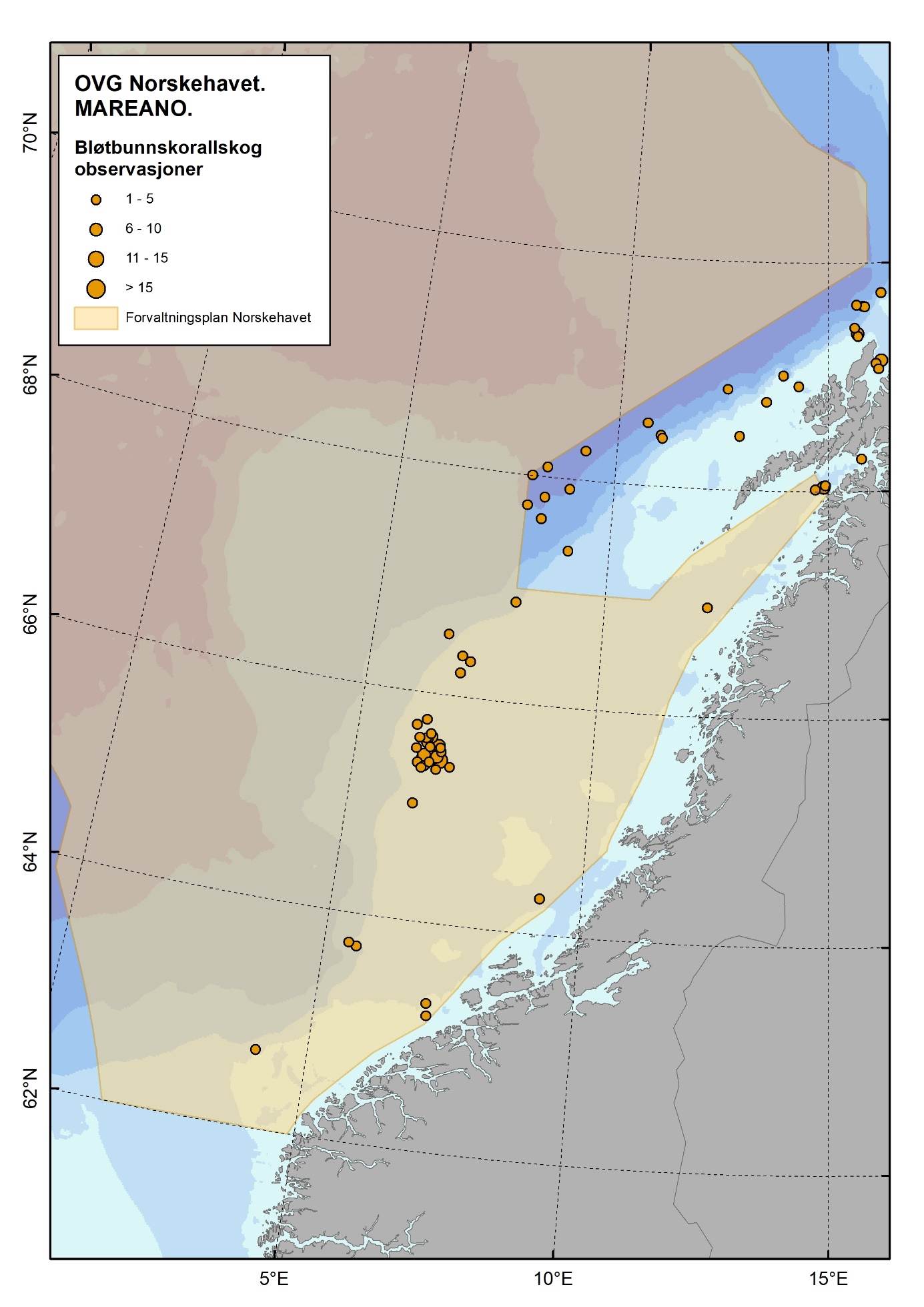 Figur 4.2.7.6 Forekomst av koraller som kan danne korallskog på bløtbunn (i Norskehavet dreier dette seg kun om Isidella lofotensis) basert på observasjoner i felt. Kilde Mareano.