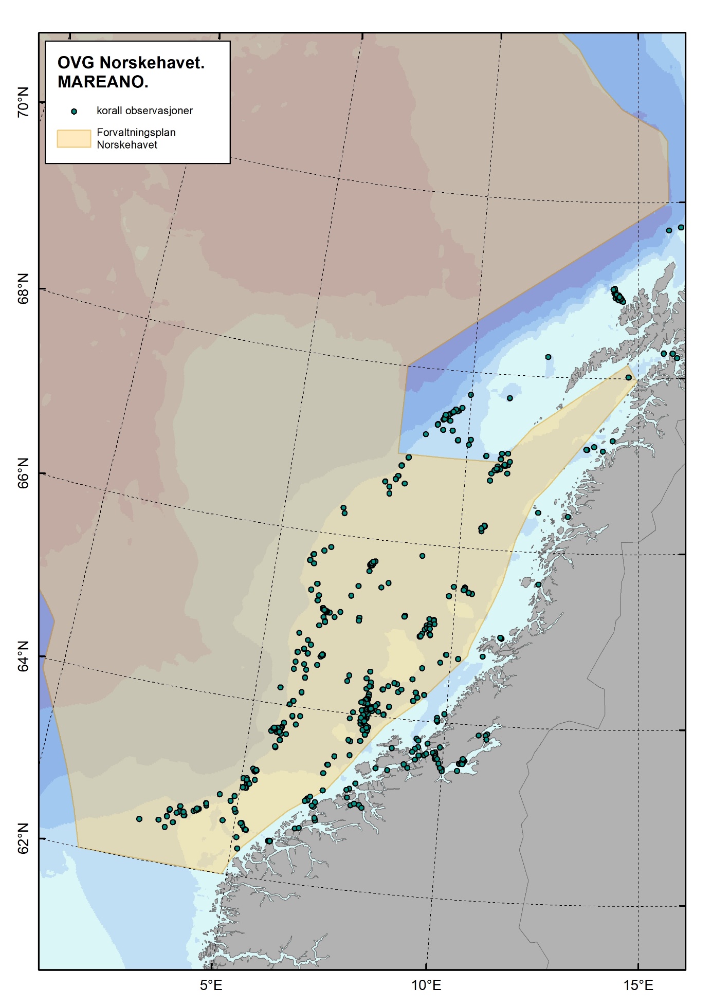Figur 4.2.7.3 Verifiserte korallrev i Norskehavet. Kartet er basert på informasjon fra mange forskjellige kilder som fiskere, petroleumsindustrien, tidligere vitenskapelige publikasjoner samt Mareano, som har oppdaget de fleste av korallrevene. Kilde: Mareano.