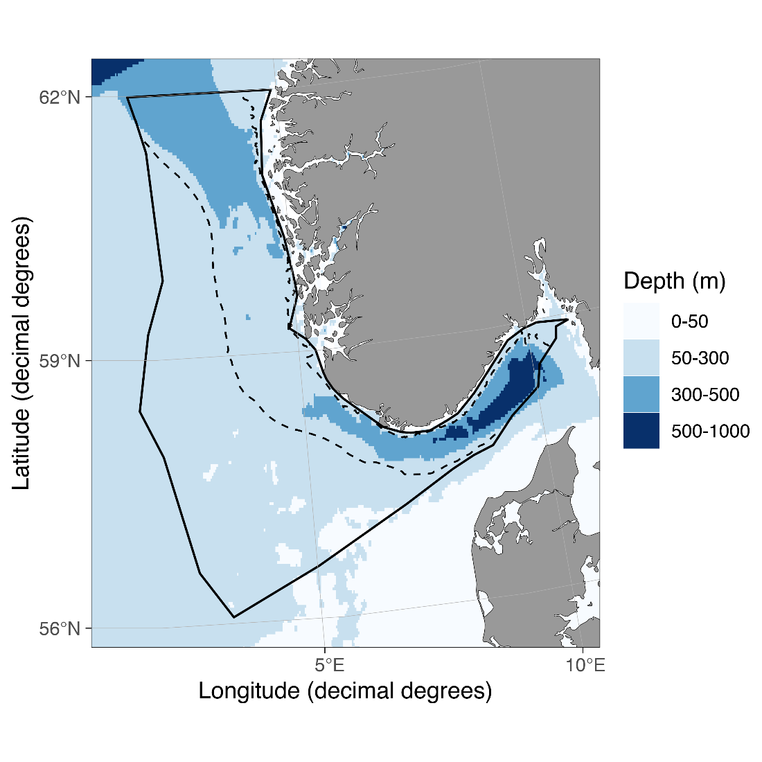 Figur 2.1.4.1 Kart over område for vurdering av økologisk tilstand i Nordsjøen og Skagerrak. Områder dypere enn 200 meter i Norskerenna, som ikke er inkludert, er markert med stiplet linje. Merk at vannsøyle over 200 meter i dette området er inkludert.