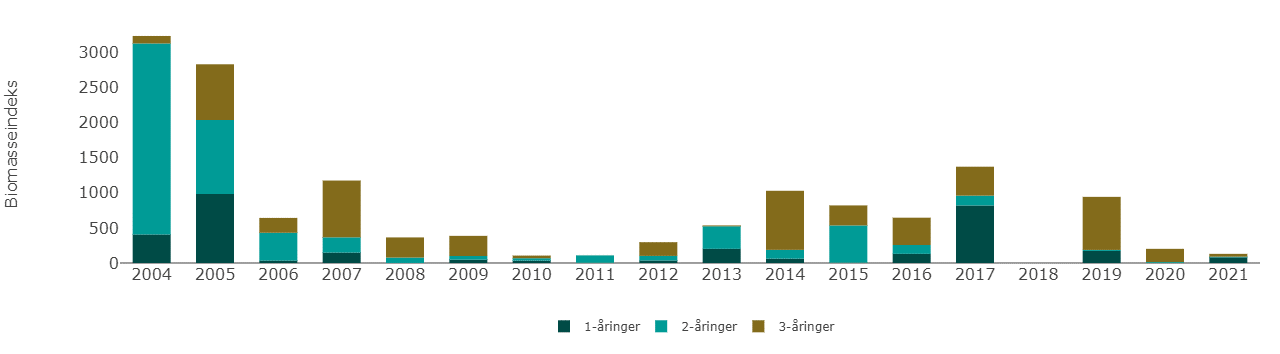 Figur 4.1.5.2 Biomasse av ulike årsklasser av ungsild (NVG-sild) i Barentshavet, fra 2004 til og med 2021. B iomasseindeks er en indeks som beregnes basert på forskningstokt som måler mengden av fisk ved hjelp av ekkoloddregistreringer kombinert med trålprøver av fisken. Kilde: Havforskningsinstituttet/Miljøstatus.