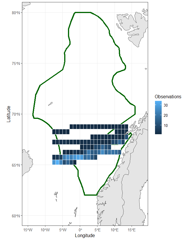 Figure 4.1. Location of grid cells from which CPR data have been used for the assessment and number of data points for each cell. The assessed area is indicated by the solid line.