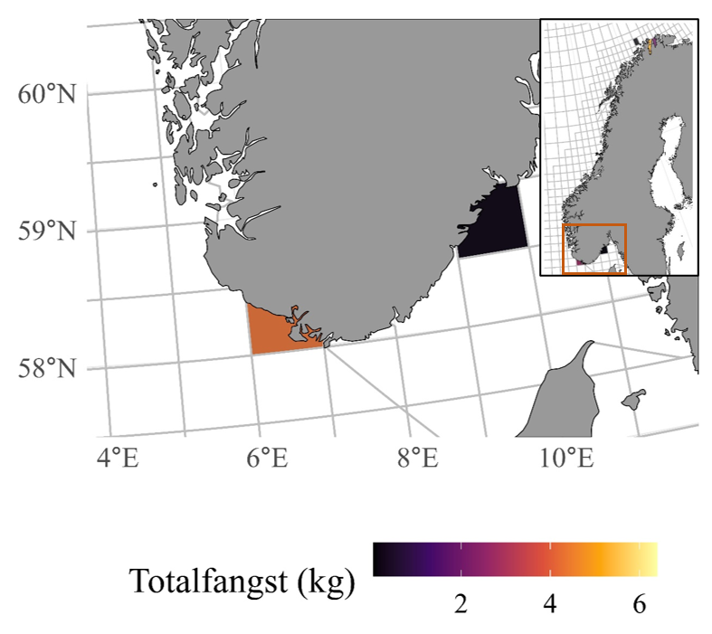 Kartet viser statistiske lokasjoner i Sør-Norge der det har blitt landet reker fra teiner. Kartet viser totallandinger for årene 2015-2022. Alle landinger har vært i kun to lokasjoner, en ved Flekkefjord og en langs Skagerrakkysten.