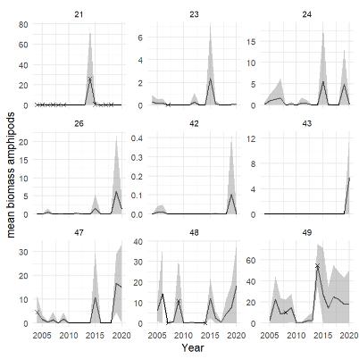 Figure A.20.1 Mean (± sd) biomass / km 2 of amphipods in each polygon in the Arctic part of the Barents Sea. Stars denote years with low sample size (< 5 trawls).