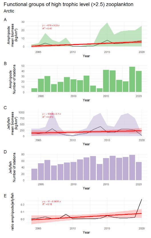 Figure A.13.1 The time series of estimated mean biomass (kg/km² wet wt.) of high trophic level zooplankton A) pelagic amphipods and C) gelatinous zooplankton shown with green (amphipod) and grey (jellyfish) shaded areas indicating ± 1 SD. Red line and red shaded areas indicate fitted linear trend and 95% confidence bands, with equation and R² indicated in red. 