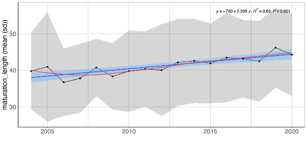 Figure S.14.1 Mean (± sd) biomass weighted length at maturation for demersal fish communities in the Sub-Arctic part of the Barents Sea (Black dots and grey shading). Linear regression fit with 95% CI is shown in blue, and the statistical results are given in the top of each plot. A local smoother is added in red to assist visual interpretation of non-linear changes during the period. Stars denote years with low sample size (< 5 trawls) .