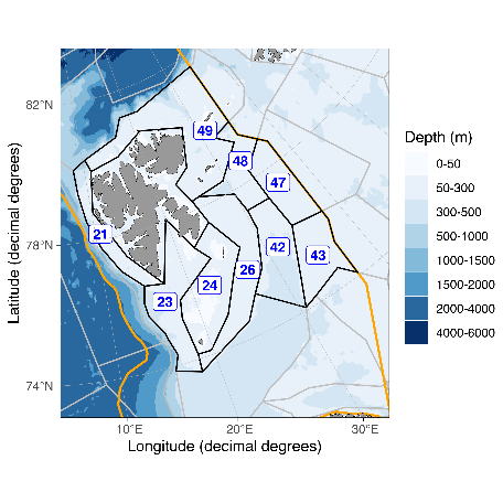 Figure A.0.1 Map showing the assessed area, including the sub-division into polygons in the Arctic part of the Norwegian EEZ in the Barents Sea.