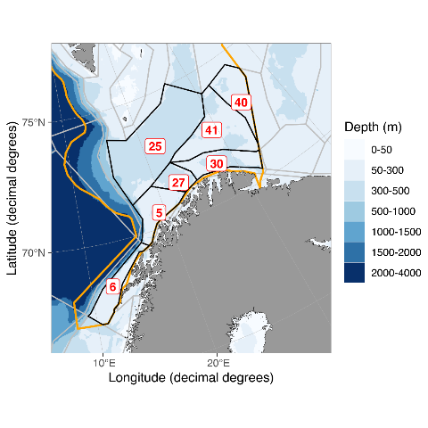 Figure S.0.1 . Map showing the assessed area, including the sub-division into polygons in the Arctic part of the Norwegian EEZ in the Barents Sea.