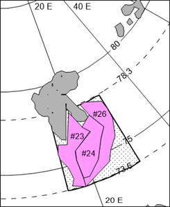 Figure A.28.4 Left map: The numbering of the four diagrams (boxes) connects to the following colors in the map: 1: pink; 2: green; 3: blue; 4 yellow, see map to the left. Right map: An example of the calculation of the domain for Box #1 is shown here. This was done in the same way for the other boxes.