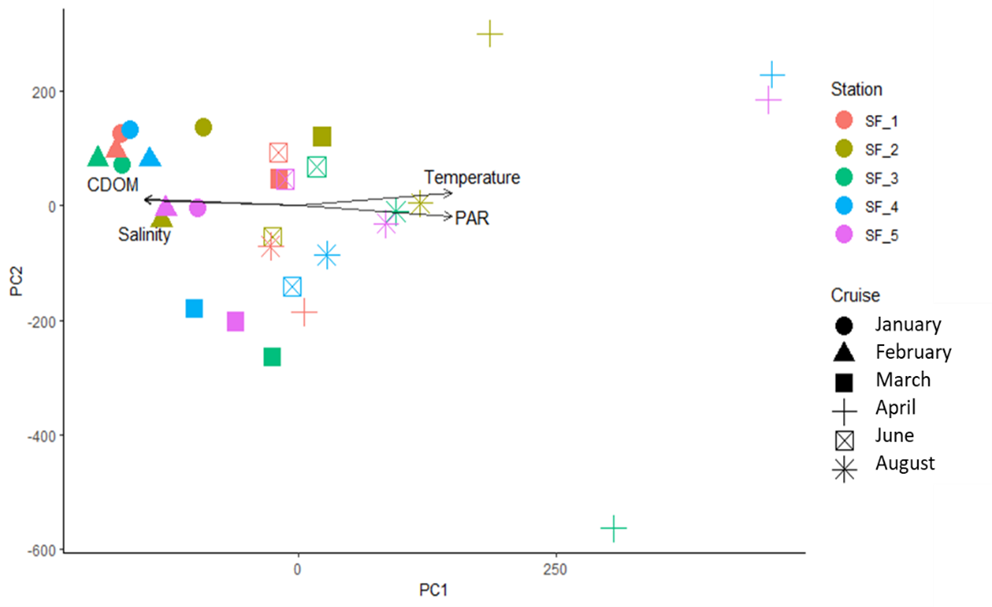 Figure 6 Principal component analysis of phytoplankton communities. The shape of the symbols indicates the months while the color the station.