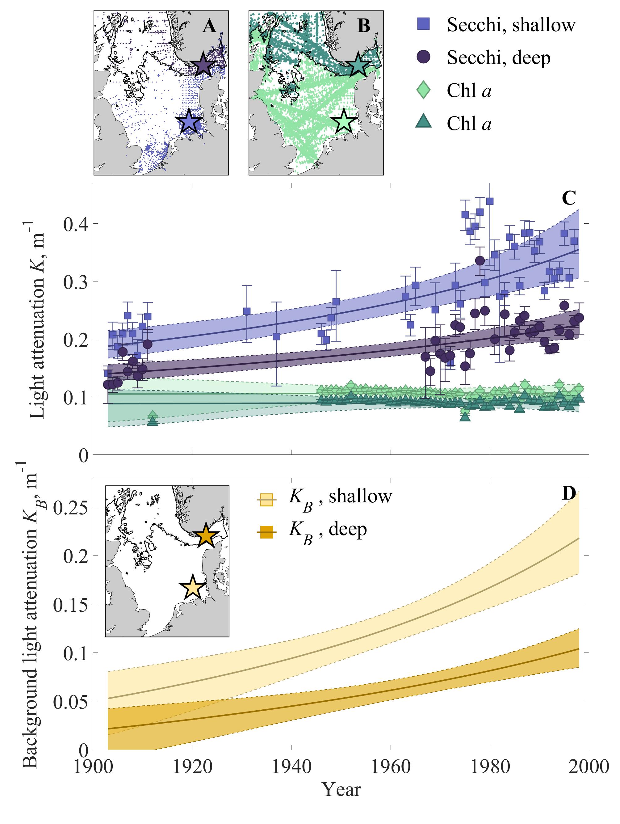 Figure NI43.1. Composite light attenuation in the shallow (<100 m) and deep (>100 m) areas of the North Sea. Panels A and B show the geographical locations of the Secchi disk and chlorophyll a sampling stations, respectively. The stars denote the shallow and deep location at which annual mean Secchi disk depth and chlorophyll a concentrations have been statistically estimated. Panel C shows light attenuation estimated from Secchi disk depth measurements (KS) and chlorophyll a concentrations (KPHY) at shallow and deep locations (marked with stars in top panels). Error bars denote the standard error of the mean, while blue and green lines and shading indicate mean and confidence intervals of the models. Panel D denotes the corresponding background light attenuation (KB) for same the deep (dark brown) and shallow (light brown) locations. Modified from Opdal et al. (2019).