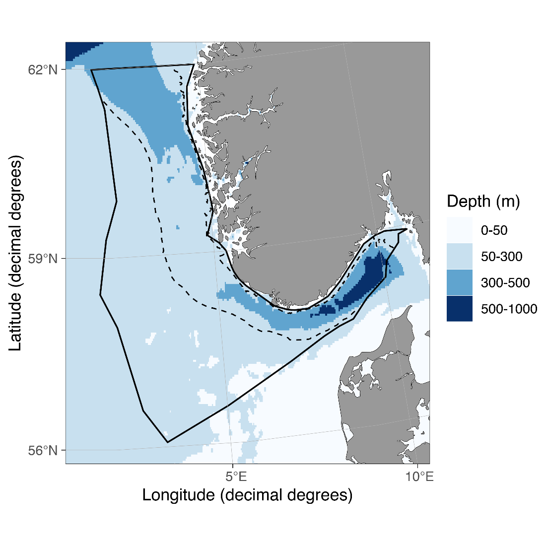 Figure 3.1. Map of the spatial extent of the panel-based assessment of ecosystem condition of the North Sea shelf ecosystem. Note that water column and sea floor deeper than 200 meters in the Norwegian Trench (indicated by the dotted line) is defined as a separate ecosystem (Nybø and Evju, 2017) and not included in the current assessment. Note that the water column above 200 meters in these areas are included.