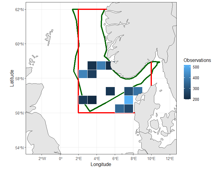 Figure 4.1. Locations of grid cells from which CPR data have been used for the assessment and number of data points for each cell. The PAEC area is indicated by the black line and the area from which data density was evaluated indicated by the red line.