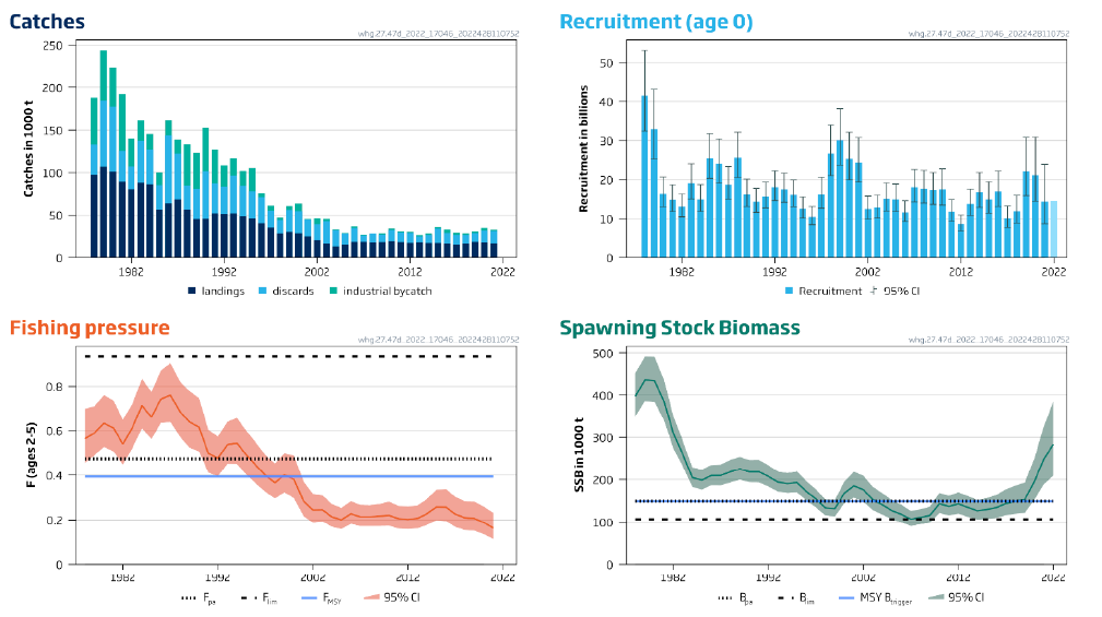 Figure D.1.9a. Whiting in Subarea 4 and Division 7.d. Summary of the stock assessment. The assumed recruitment value for 2022 is shaded in a lighter colour. From (ICES, 2022c).