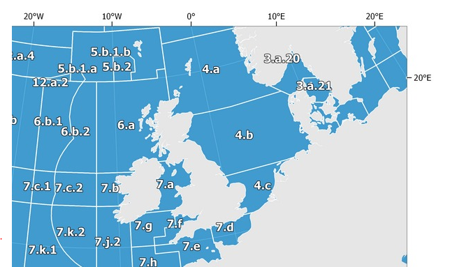 Figure D.1.1. ICES areas referred to in the texts below.