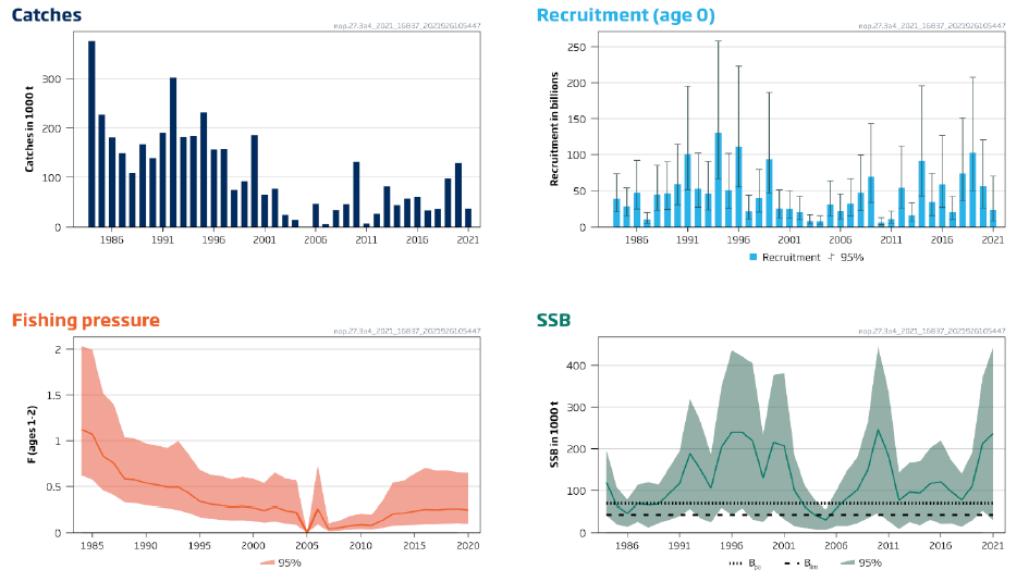 Figure D.1.8. Norway pout in Subarea 4 and Division 3.a. Summary of the stock assessment. Catches in 2021 are up to mid-September. SSB is estimated at the beginning of quarter 4. From (ICES, 2021g)