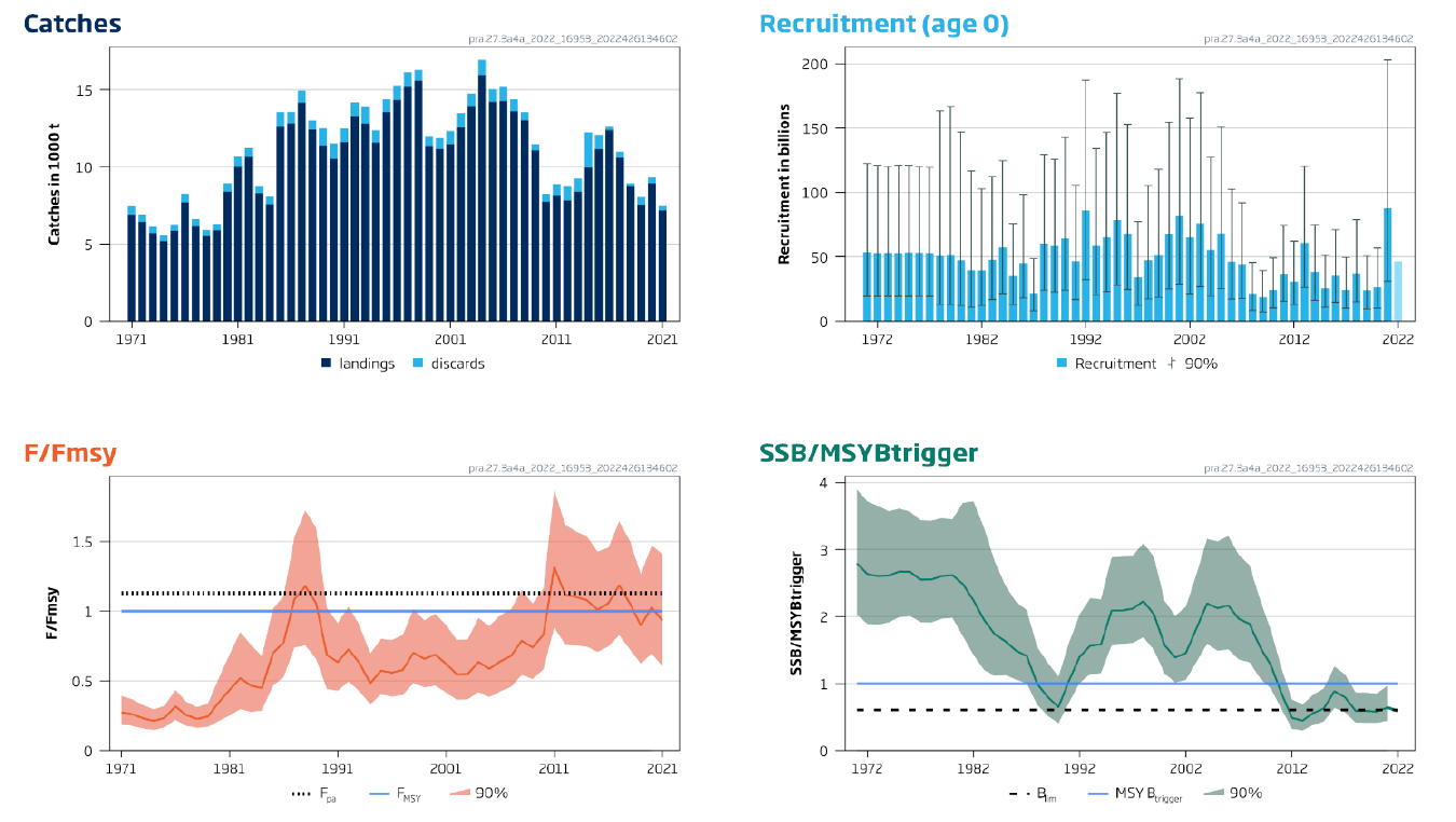 Figure D.1.12 Northern shrimp (Pandalus borealis) in divisions 3.a and 4.a East. Summary of the stock assessment. Assumed recruitment is shown in a lighter shade of blue. [Note: Bmgt = Bpa = MSY Btrigger].