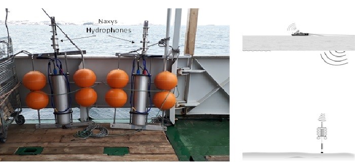 Figure 6. The two hydrophone platforms onboard HUS, ready to be deployed (left) and a figure of how it looks when deployed (right). 