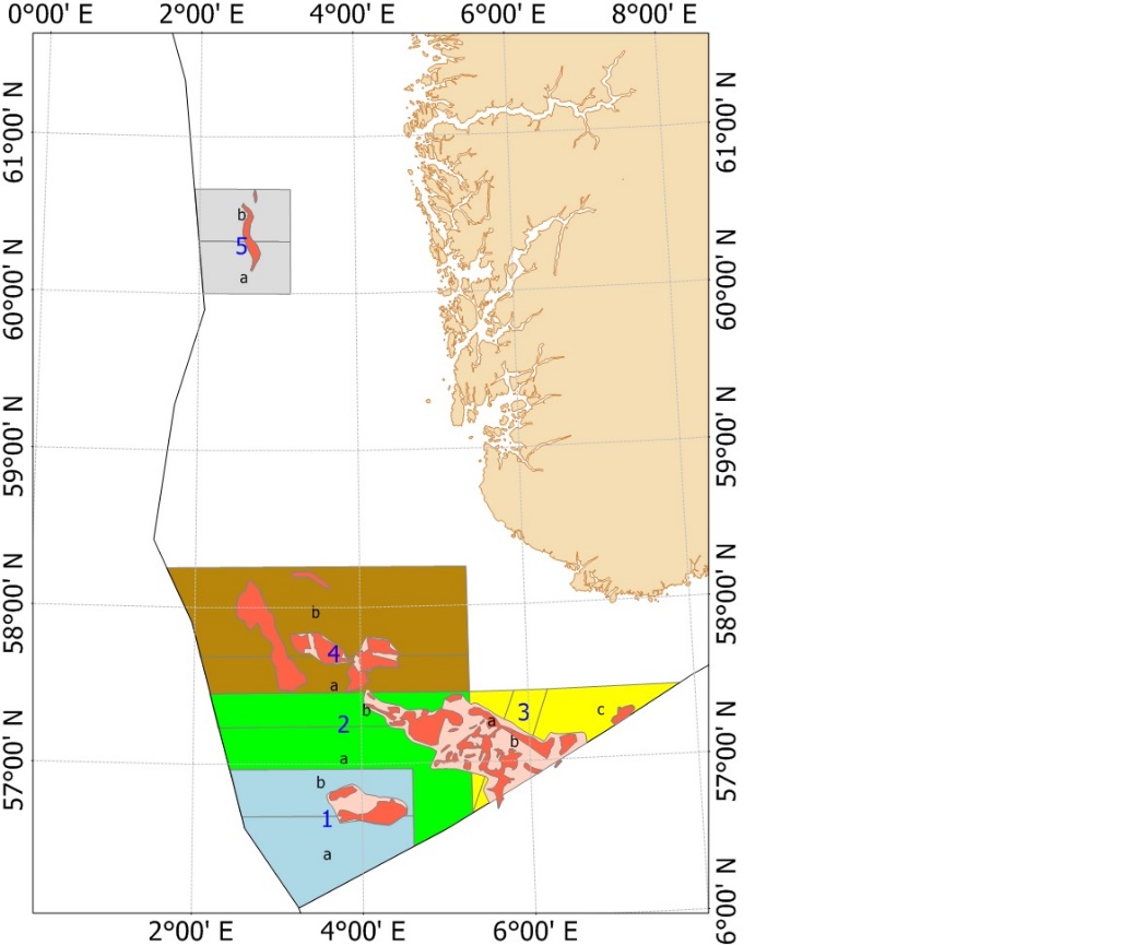 Map of the five Norwegian management areas in the North Sea for the period 2014-2016. Historically important fishing grounds are depicted in pink, and sandeel grounds in light pink.