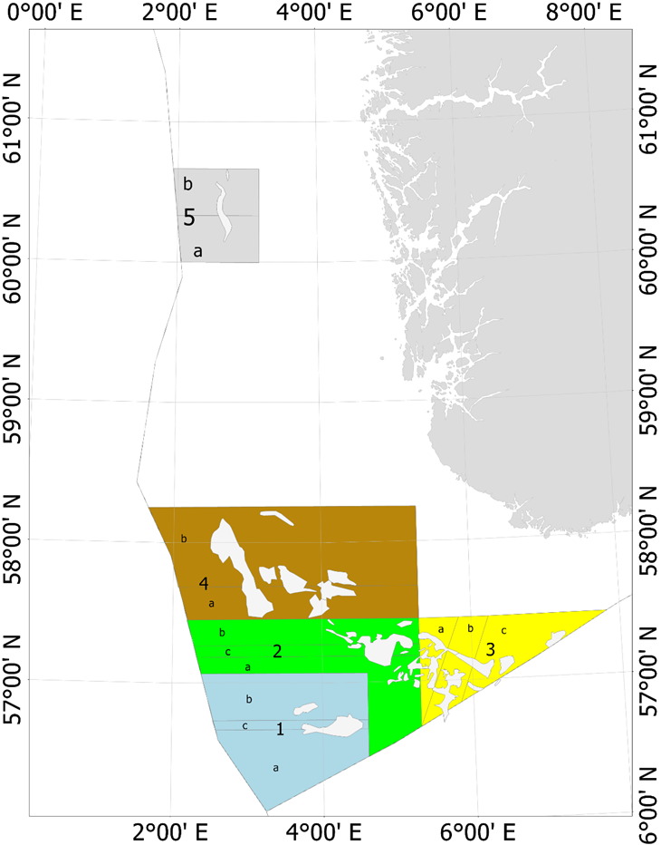 Map of the five Norwegian management areas in the North Sea for the period 2017-2019. Historically important fishing grounds are depicted in light grey.