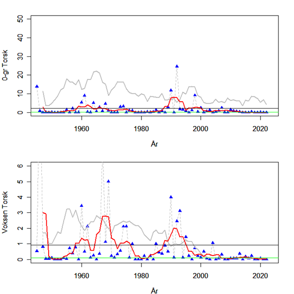 Figur øverst viser generelt lav rekruttering hos torsk i indre Oslofjord. Figur nederst viser varierende mengde torsk, men med et kollaps etter år 2000.