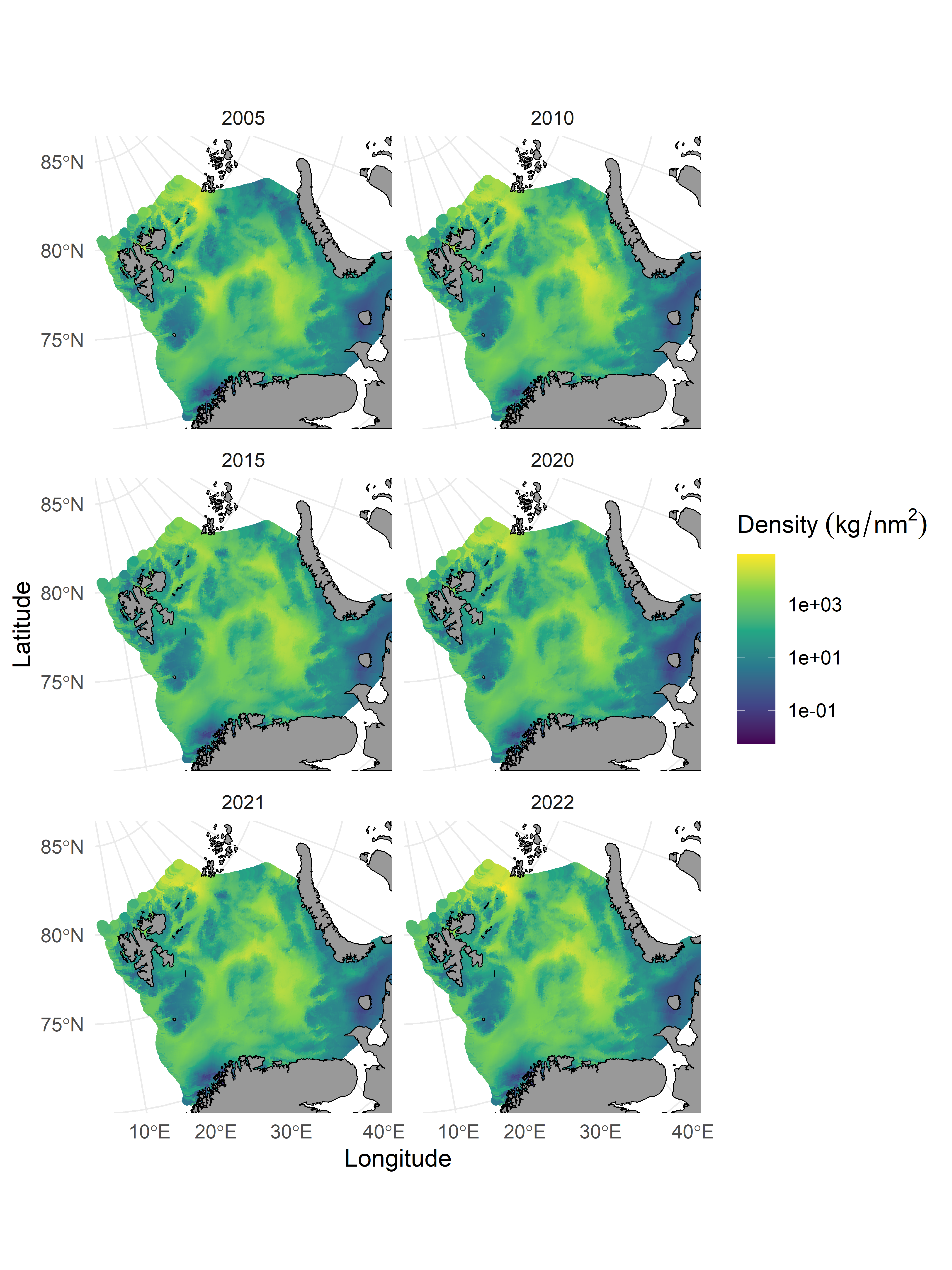 Modelled shrimp density in the Barents Sea