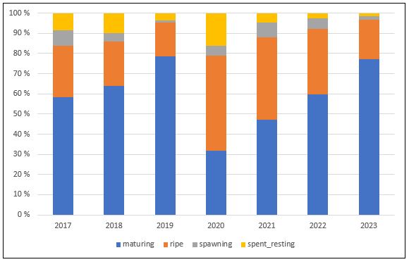 Andel av sild i ulike modningsstadium; blå er modnende, rød er modne, grå er gytende og gul er hvilende/utgytt.
