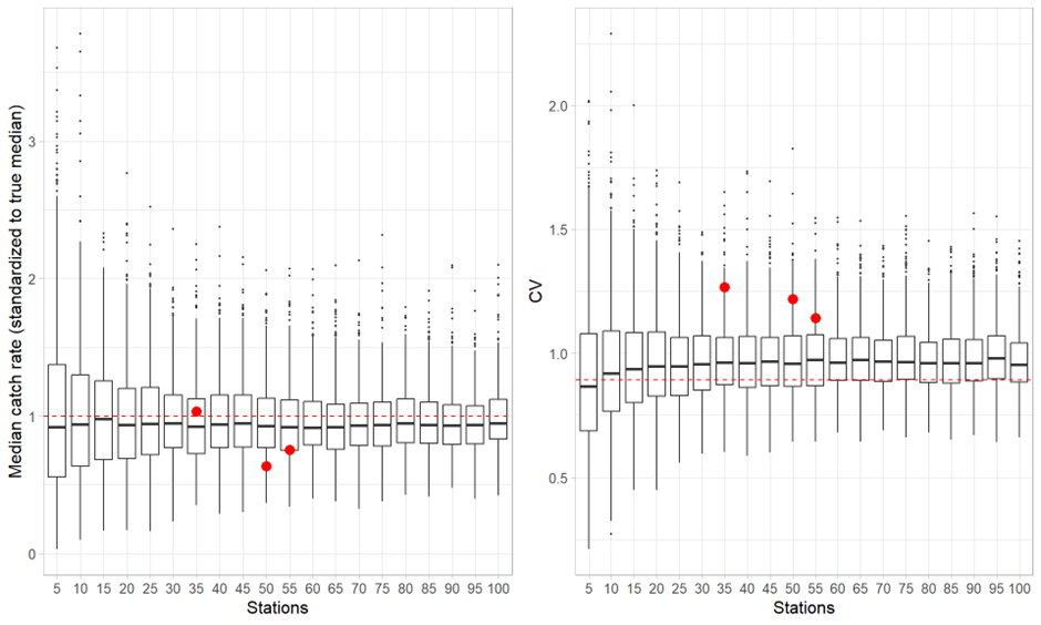 Figure 9.11.3 Median annual catch rate (number per nm) and CV based on resampling of video stations from the snow crab survey. Shown are boxplots of median densities and CVs for a resampled station number based on 500 repetitions each. Red dots indicate the survey data in 2020-2022, red dashed line the median density and CV from geostatistical model predictions.