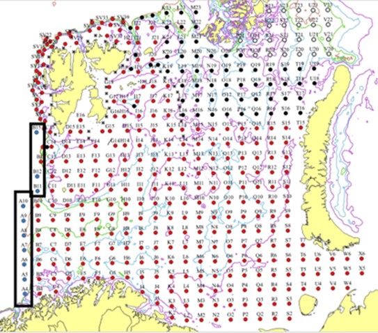 fig 9.5.6 Additionally, 0-group hauls also support capelin assessment. The sampling error (estimated as CV through standard bootstrapping in stox 2.7) between abundance estimates using biological data only from target capelin hauls and estimates using biological data from a combination of 0-group hauls (see Pelagic fish section). With few exceptions, the estimated CV is higher when only target hauls are included as can be expected when you reduce the dataset. The difference is most consistent for age 1 capelin, where CV is on average 0.05 higher when basing the estimate only on pelagic hauls.  Station and transect density Decrease of 0-group hauls density will increase uncertainty such as estimations could be close to noise. It will be difficult to interpret observations if we observe year classes strength variation or noise. Stations along the continental edge of more than 400m depth could be deleted due to generally low densities in relation to 0-group densities on shelf.
