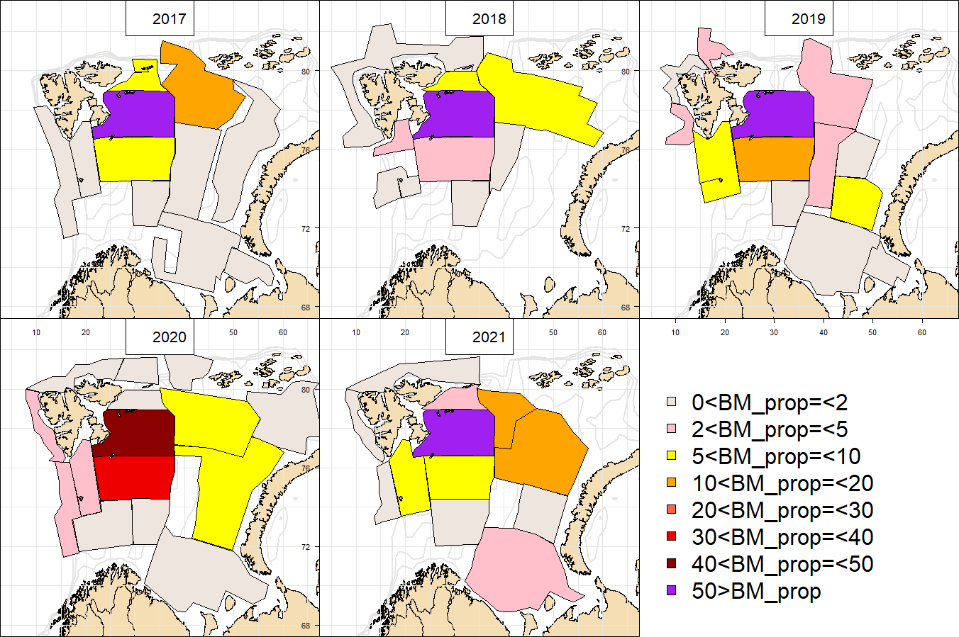 Figure 9.6.1  Proportion of total capelin biomass in different strata