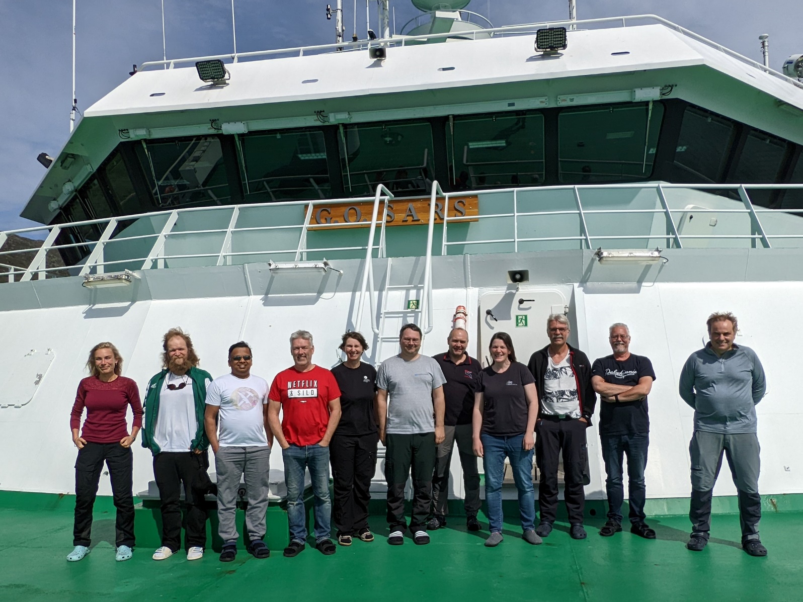 Photo of science team standing on the forecastle deck n sunny weather