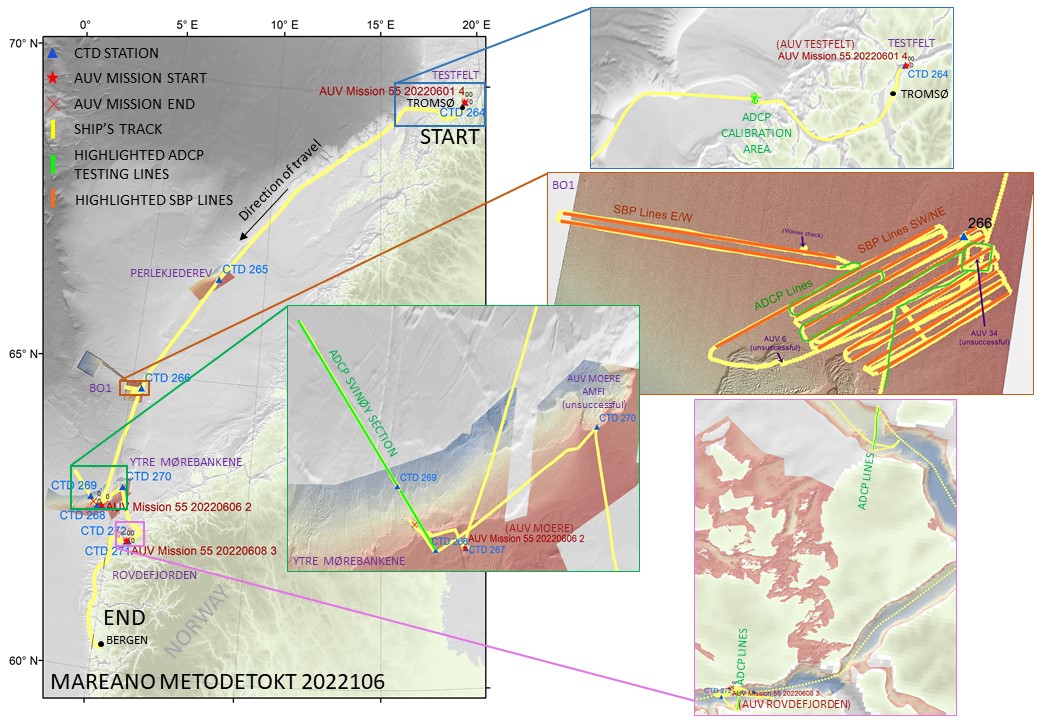 Map of cruise track including detailed sub areas referred to in the text below as coloured boxes