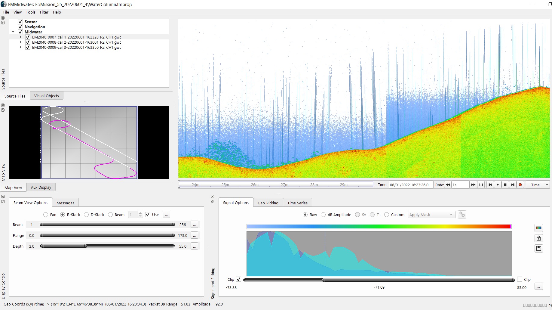 Screenshot of watercolumn bathymetry viewer showing striping in the water (interference)