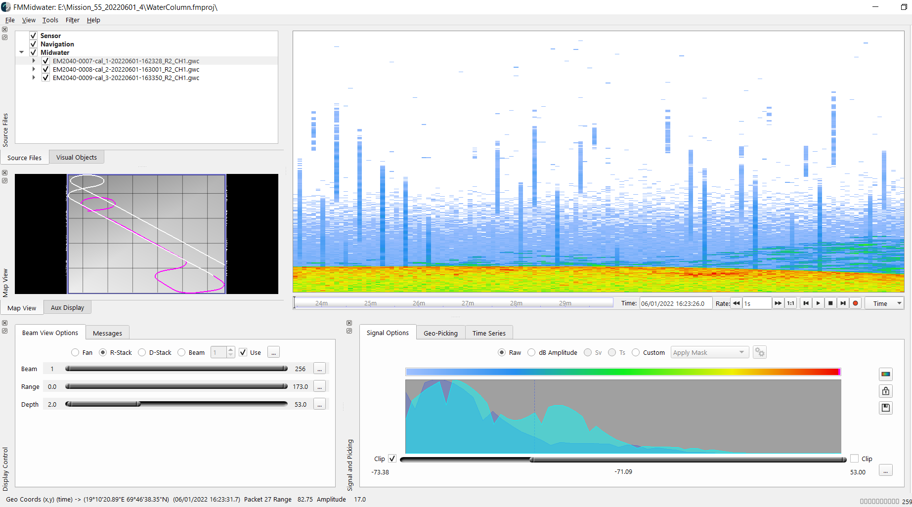 Zoomed in screenshot of watercolumn bathymetry viewer showing striping in the water at higher resolution(interference)