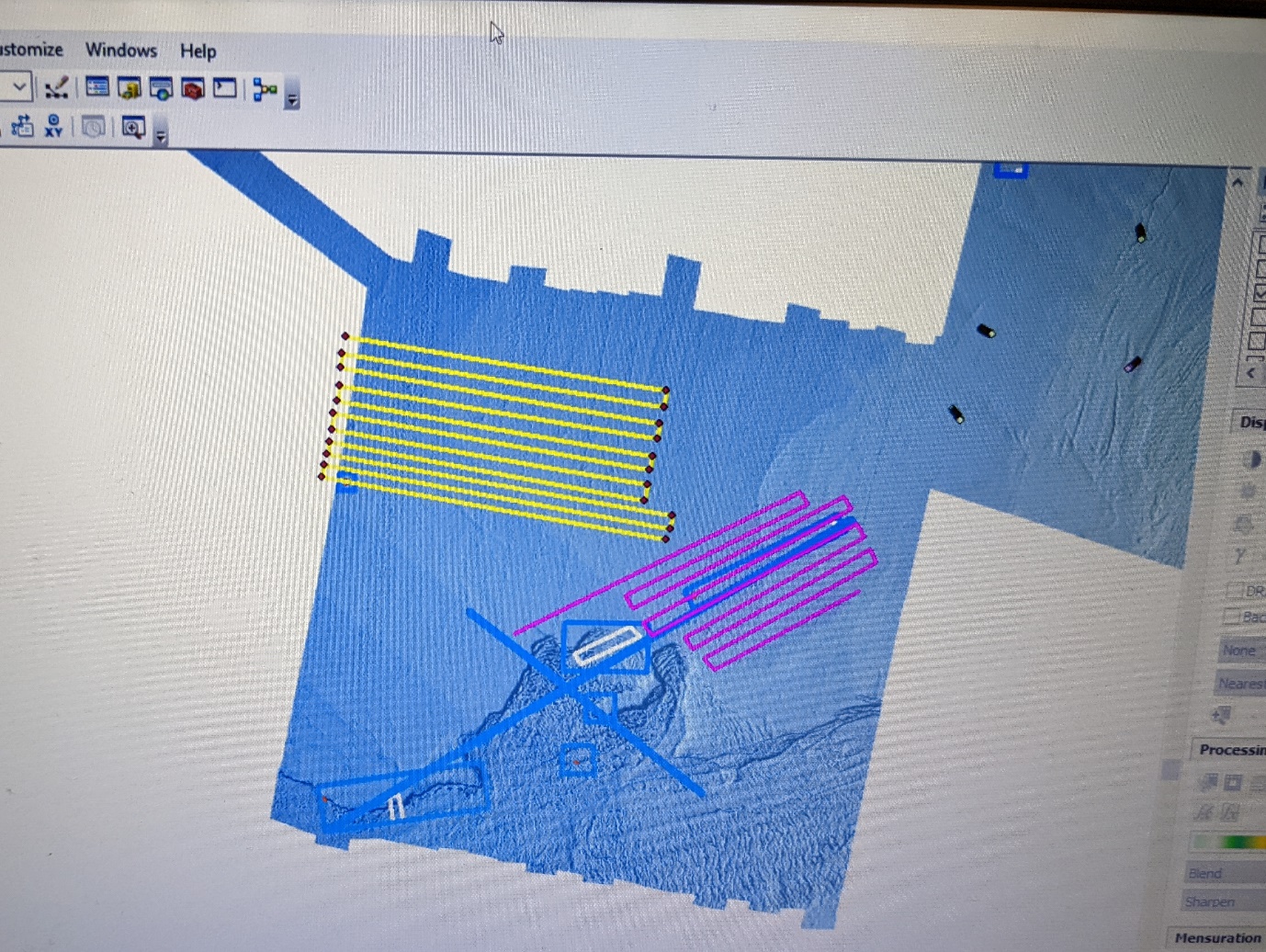 Screenshot of arcGIS showing Planned SBP/WC MBE surveys in pink (the first) and yellow (the second)