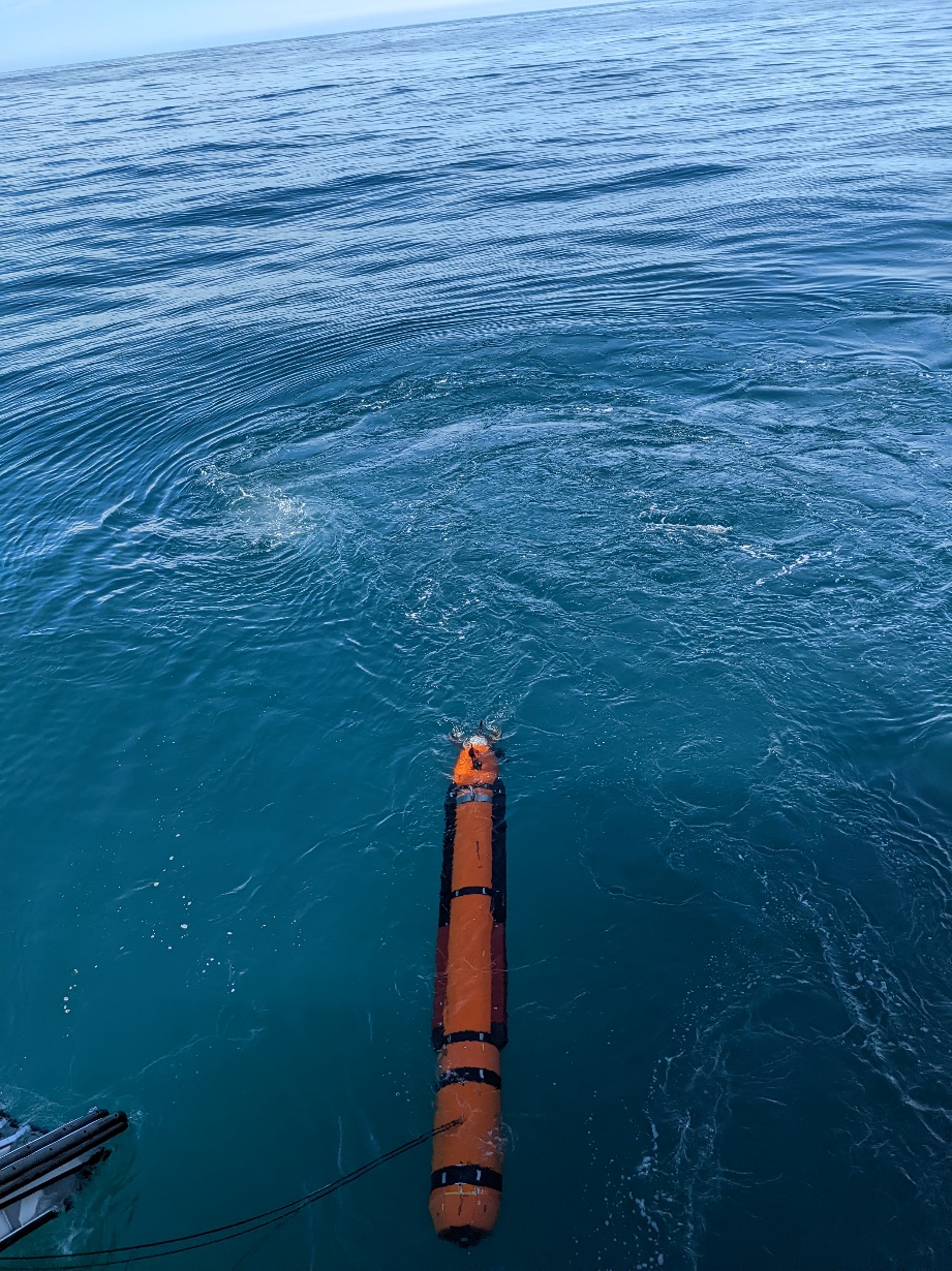 Photo of AUV being launched in calm conditions with blue skies and sea and strongly contrasting orange AUV in the centre.
