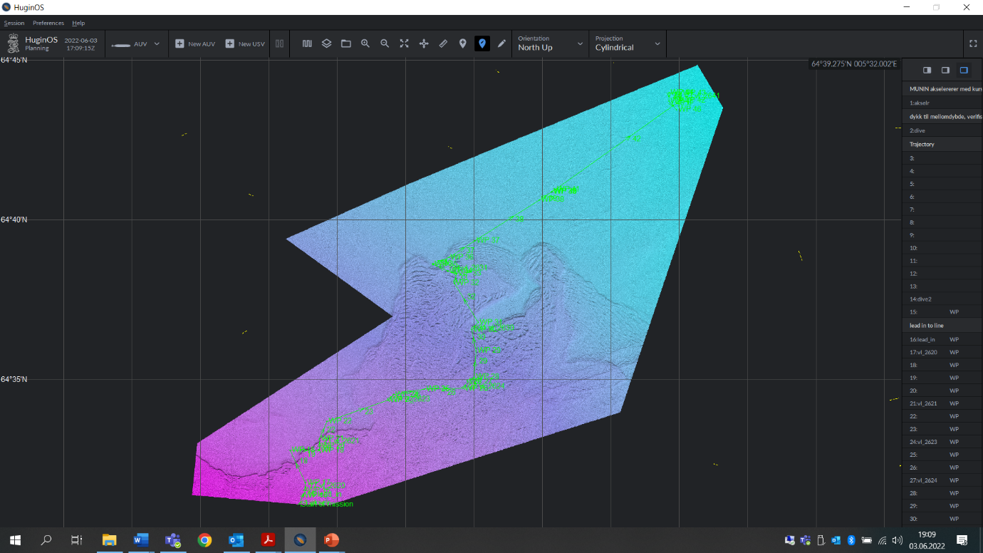 HuginOS screenshot of AUVT1 dive plan