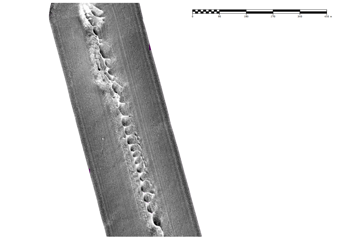 Backscatter image of the same sand wave feature in a canyon that was shown as an example of the multibeam bathymetry. Fewer stripes are evident here.