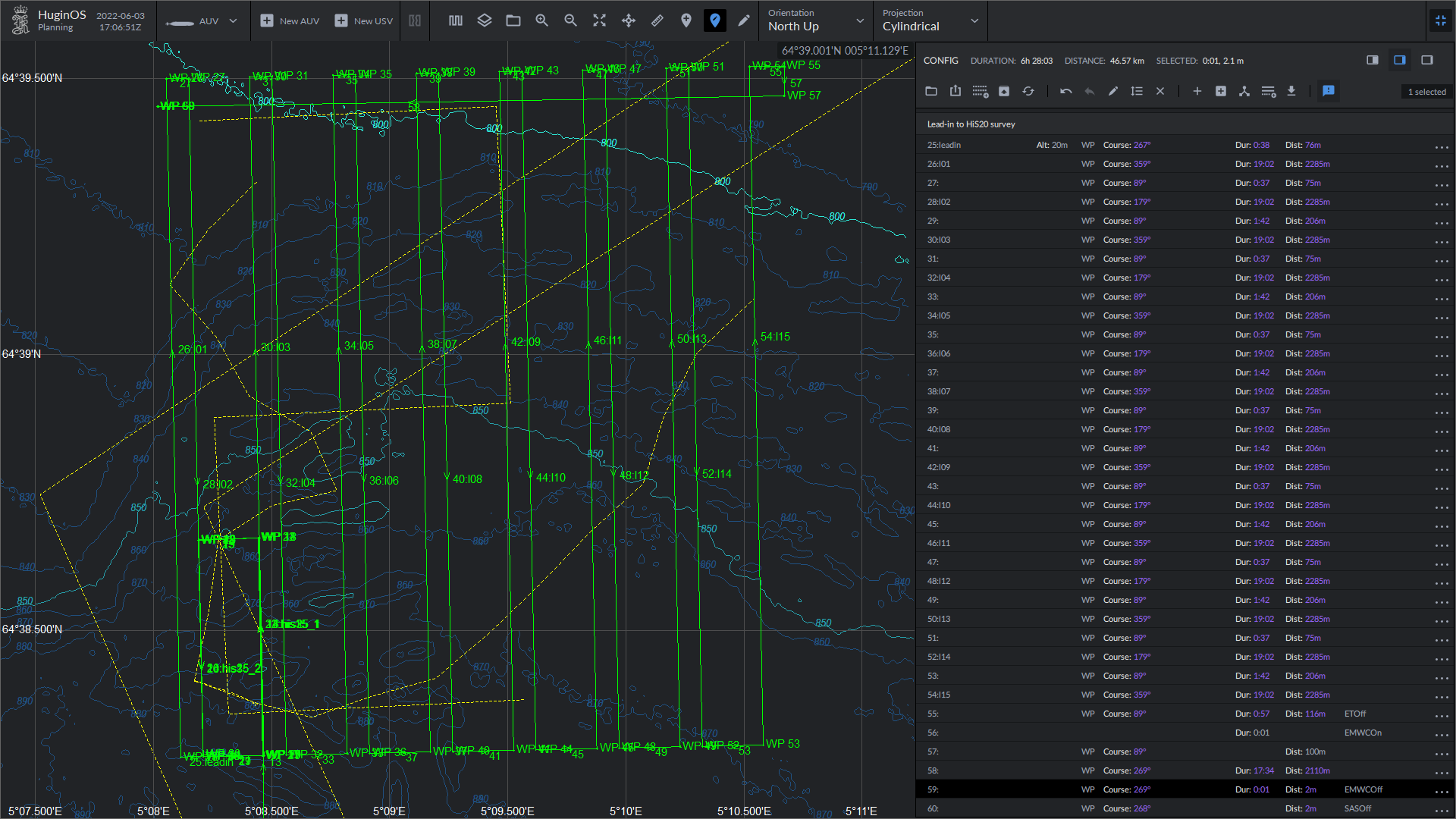 HuginOS screenshot of AUV6 dive plan