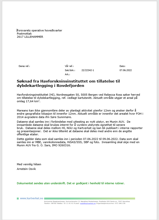 Apllication text for declassificaiton of the Rovdefjorden area where we would like to collect AUV data